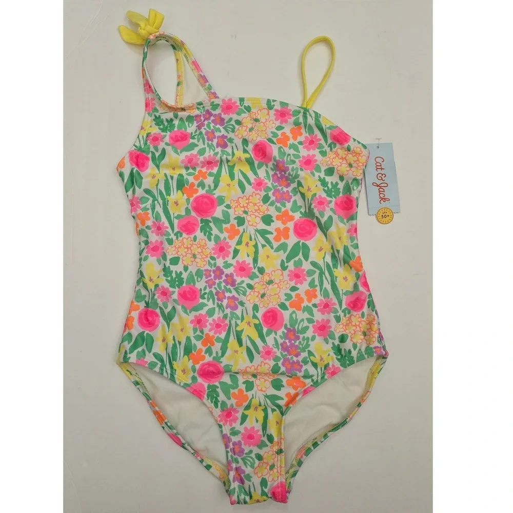 Cat & Jack Girls Floral One Piece Swimsuit Size L 10/12 UPF 50+ Pink Yellow NWT